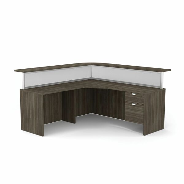 HDL L-Shape Reception Desk - L-shaped Top - Reception - Grey Dusk - Polycarbonate, Powder Coated Aluminum, Aluminum, Polyvinyl Chloride (PVC) - Thermofused Laminate (TFL) Top Material