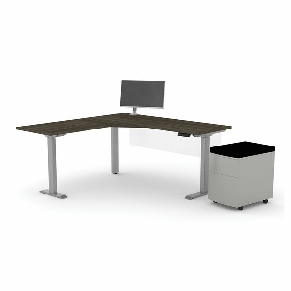 HDL L-Shape Height Adjustable Desk - Finish: Grey Dusk - Modesty Panel, Mobility, Monitor Mount, Cushioned - For Office, Monitor, File - 1 Each