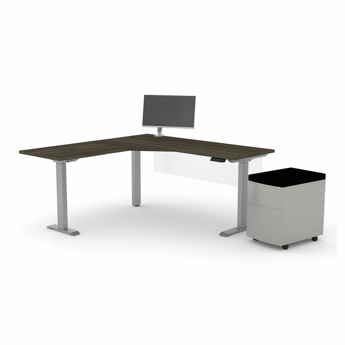 HDL L-Shape Height Adjustable Desk - L-shaped - Finish: Grey Dusk - Modesty Panel, Mobility, Monitor Mount, Cushioned - For Office, Monitor, File - 1 Each