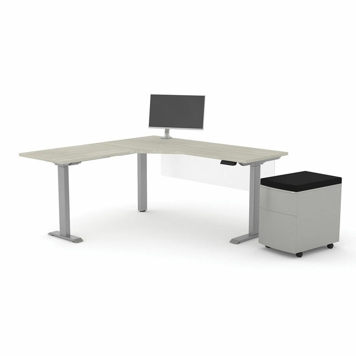 HDL L-Shape Height Adjustable Desk - L-shaped - Finish: Winter Wood - Modesty Panel, Mobility, Monitor Mount, Cushioned - For Office, Monitor, File - 1 Each