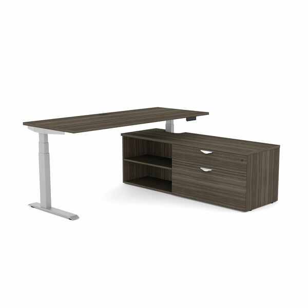 HDL Height Adjustable Desk - File Drawer(s) - Material: Melamine - Finish: Gray Dusk - Stain Resistant, Scratch Resistant, Lockable Drawer, Grommet - For File, Commercial
