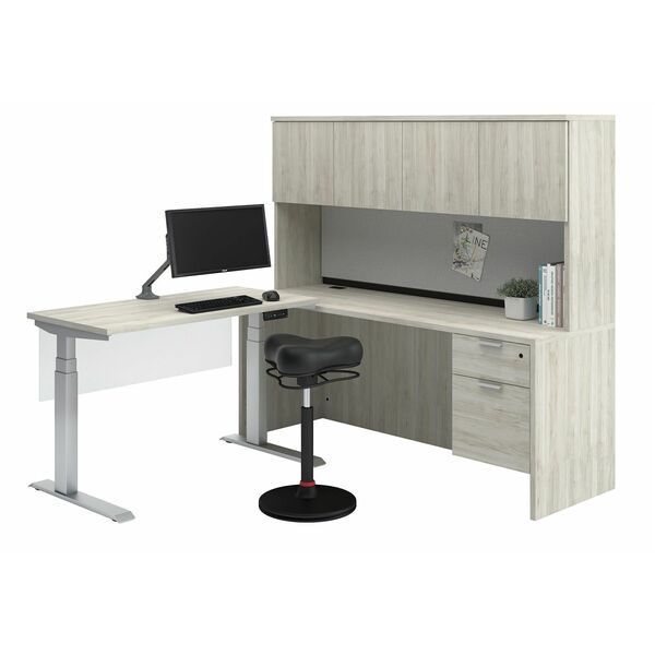 HDL Height Adjustable L-Work Station - Material: Laminate - Finish: Winter Wood - Modesty Panel - For Office, File - 1 Each