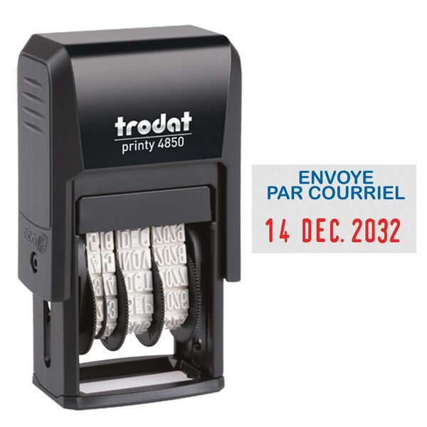 Self-inking Stamp - French - Date Stamp - ENVOYE PAR COURRIEL - 12 Year Band - Blue, Red - Recycled - 1 Each