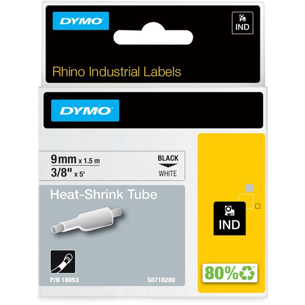 Rhino Heat Shrink Tube Label - 23/64" (9 mm) Width x 59 1/16" (1500 mm) Length - Rectangle - Thermal Transfer - Black on White - Polyolefin - 1 Each