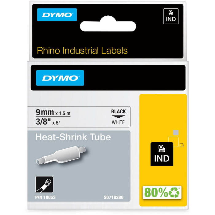 Rhino Heat Shrink Tube Label - 23/64" (9 mm) Width x 59 1/16" (1500 mm) Length - Rectangle - Thermal Transfer - Black on White - Polyolefin - 1 Each