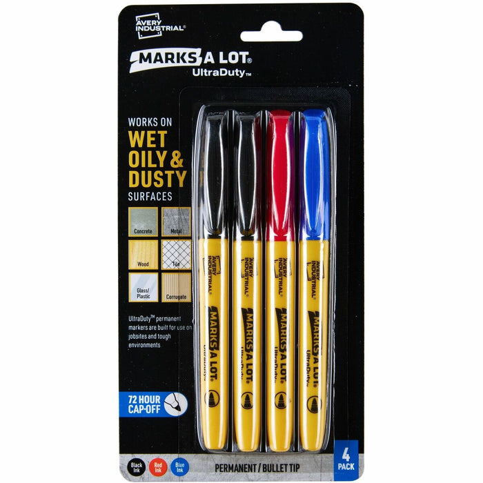 Avery UltraDuty Markers, Bullet Tip, 4 Assorted Markers (29848) - 1 mm Bold Bullet Marker Point - Black, Red, Blue Ink - Polyester Tip - Warehouse, Construction, Metal, Plastic - 4 / Pack