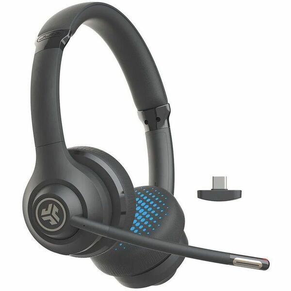 JLab Go Work Wireless & Wired On-Ear Headset - Stereo - USB Type C - Wired/Wireless - Bluetooth - 30 ft (9.14 m) - 32 Ohm - 20 Hz to 20 kHz - On-ear, Over-the-head - Binaural - Circumaural - Noise Cancelling, MEMS Technology Microphone - Black