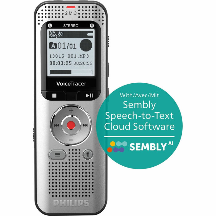 Philips VoiceTracer DVT2015 8GB Voice Recorder with Sembly Cloud Speech-to-Text Software - [Built-in] FM Radio, Microphone, Speaker - 8 GB Flash Memory - microSD Supported - WAV, MP3, PCM - Stereo - USB - Headphone - Microphone