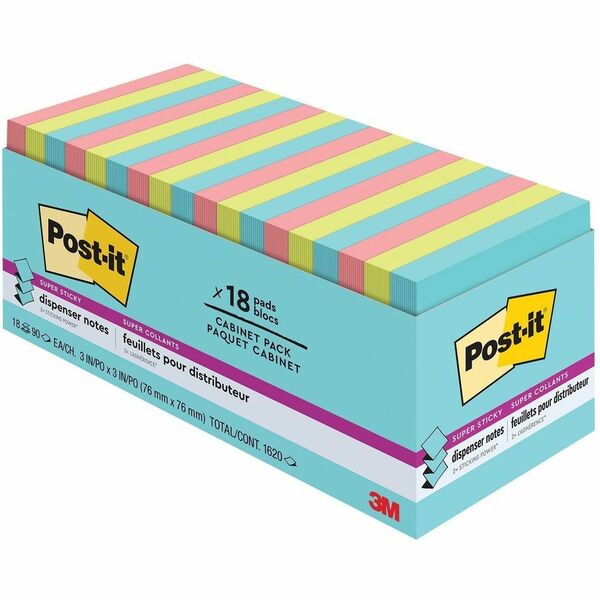 Post-it&reg; Super Sticky Dispenser Pop-up Notes, Supernova Neons Collection, 3 in x 3 in - 90 - 3" (76.20 mm) Flag/Note Width x 3" (76.20 mm) Flag/Note Length - 90 Sheets per Pad - Acid Lime, Aqua Splash, Guava - Paper - Super Sticky - 18 Pad