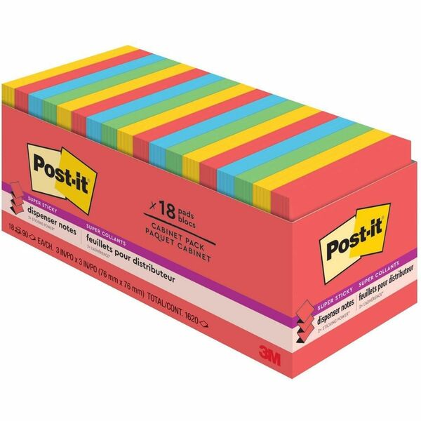 Post-it&reg; Adhesive Note - 3" x 3" - 90 Sheets per Pad - Blue Paradise, Candy Apple Red, Lucky Green, Sunnyside - Super Sticky, Repositionable, Removable, Recyclable - 18 / Pack