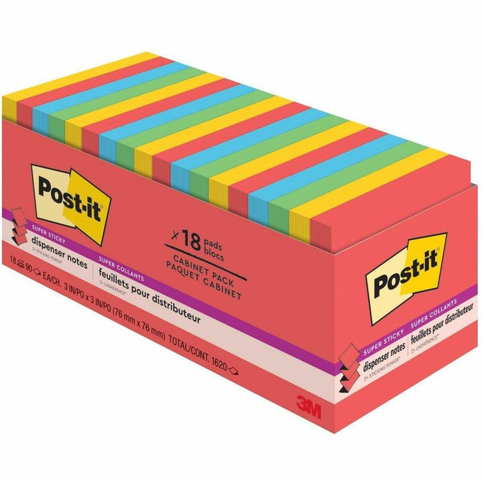 Post-it&reg; Adhesive Note - 3" (76.20 mm) Flag/Note Width x 3" (76.20 mm) Flag/Note Length - 90 Sheets per Pad - Blue Paradise, Candy Apple Red, Lucky Green, Sunnyside - Super Sticky, Repositionable, Removable, Recyclable - 18 / Pack