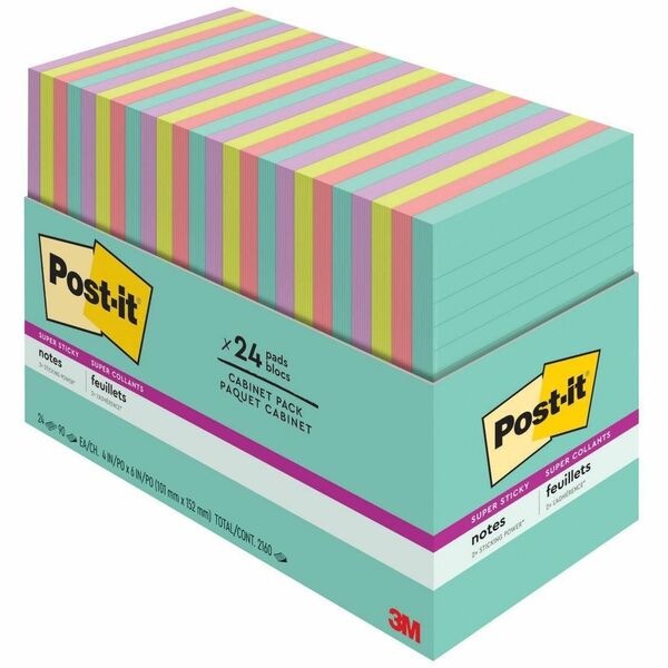 Post-it&reg; Super Sticky Notes, Supernova Neons Collection, 4 in. x 6 in., 24 Pads/Pack - 4" x 6" - 45 Sheets per Pad - Blue, Green, Lilac, Pink, Aqua Splash, Acid Lime, Guava, Iris Infusion - Super Sticky, Recyclable, Adhesive - 24 / Pack