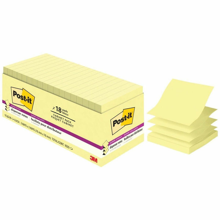 Post-it&reg; Adhesive Note - 90 x Canary Yellow - 3" (76.20 mm) Flag/Note Width x 3" (76.20 mm) Flag/Note Length - 90 Sheets per Pad - Canary Yellow - Recyclable, Super Sticky, Repositionable, Removable - 18 Pad