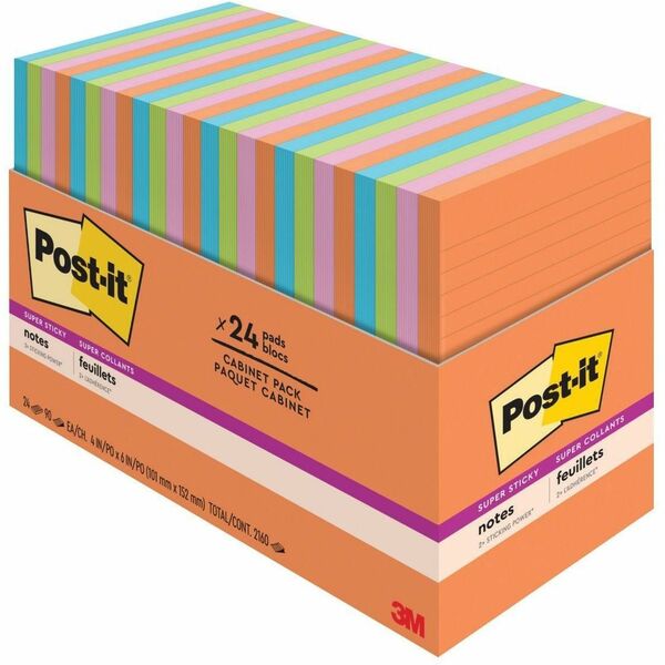 Post-it&reg; Super Sticky Notes, Energy Boost Collection, 4 in. x 6 in., 24 Pads/Pack - 45 - 4" x 6" - 45 Sheets per Pad - Blue Paradise, Limeade, Tropical Pink, Vital Orange - Paper - Super Sticky, Recyclable, Adhesive - 24 Pad