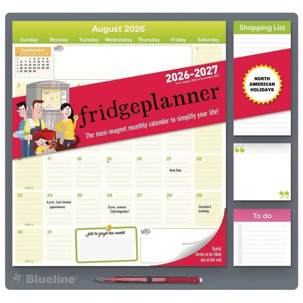 Blueline Fridgeplanner Maxi Magnet Calendar, 14" x 13-1/2" , English - Monthly - 16 Month - August 2025 to December 2026 - 1 Month Single Page Layout - 13 1/2" (342.90 mm) x 14" (355.60 mm) Sheet Size - Wall Mount - Blue/White - 1 Each