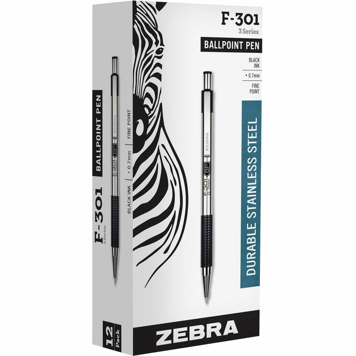 Zebra STEEL 3 Series F-301 Retractable Ballpoint Pen - Refillable - Retractable - Black Ink - Stainless Steel Stainless Steel Barrel - 12 / Box