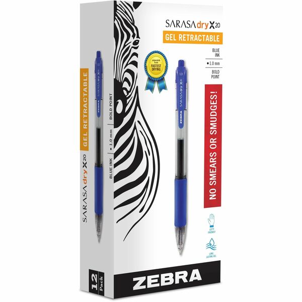 Zebra SARASA dry X20 Retractable Gel Pen - Bold Pen Point - 1 mm Pen Point Size - Refillable - Retractable - Blue - Transparent Barrel