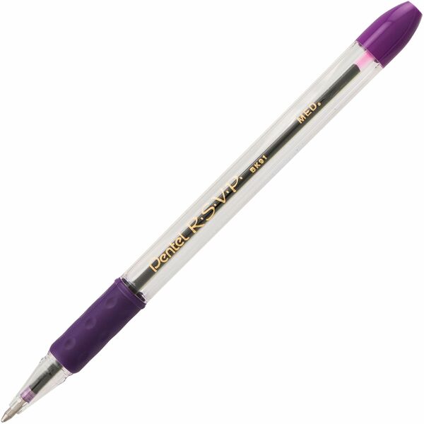 Pentel R.S.V.P. Ballpoint Stick Pens - 1 mm (0.04") Medium Pen Point - Refillable - Violet Ink - Clear Barrel