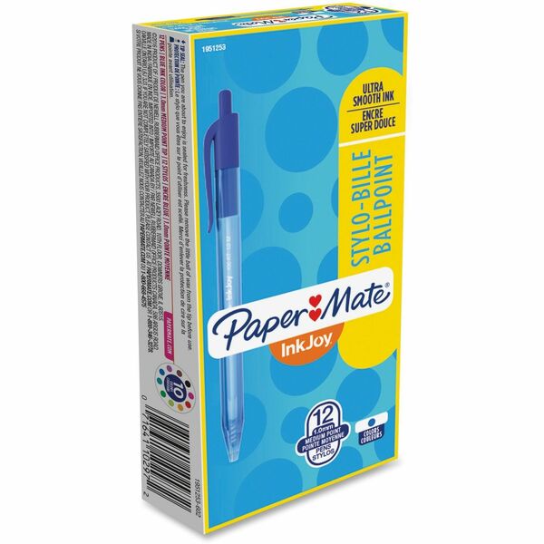 Paper Mate InkJoy 100 RT Pens - Medium Pen Point - 1 mm Pen Point Size - Retractable - Blue - Translucent Barrel - 12 / Box