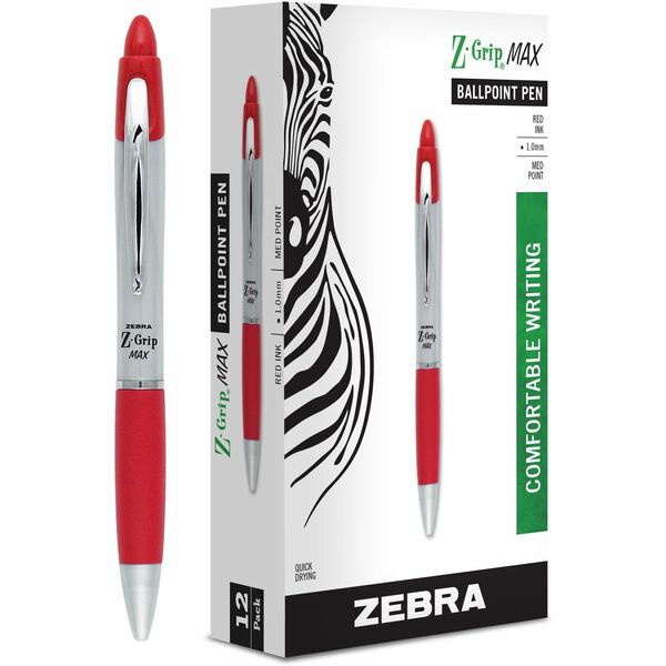 Zebra Pen Z-grip Max Retractable Ballpoint Pens - 1 mm (0.04") Medium Pen Point - Retractable - Red Ink - Gray Barrel - 1.0 Each