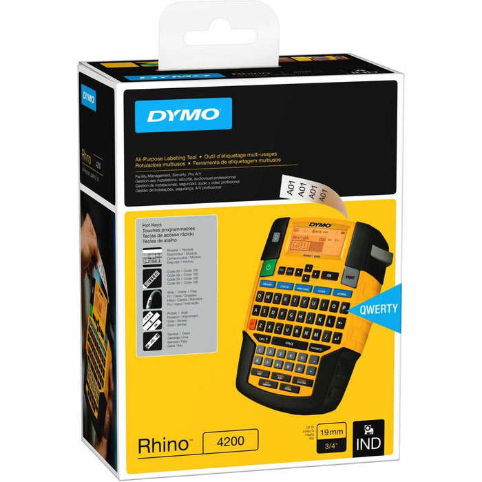 Dymo Rhino 4200 Industrial Labeller - Thermal Transfer - 0.59 in/s (14.99 mm/s) Mono - Label, Tape - 0.24" (6 mm), 0.35" (9 mm), 0.47" (12 mm), 0.75" (19 mm) - LCD Screen - Battery - 6 Batteries Supported - AA - Alkaline - Black, Yellow - QWERTY, Barcode