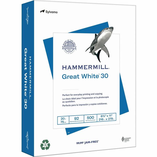 Hammermill Great White Recycled Copy Paper - White - 92 Brightness - Letter - 8 1/2" (215.90 mm) x 11" (279.40 mm) - 20 lb (9071.85 g) Basis Weight - Acid-free, Archival-safe, Jam-free - White - 500 / Pack