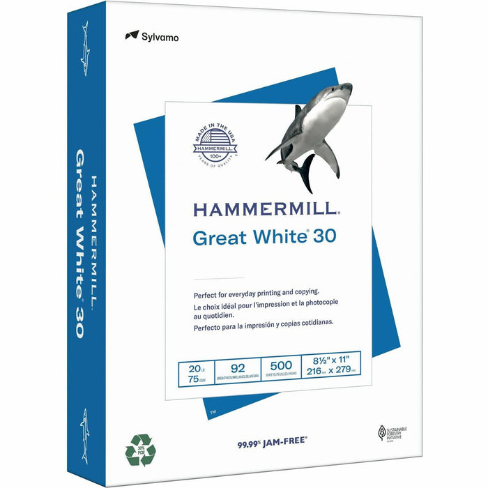 Hammermill Great White Recycled Copy Paper - White - 92 Brightness - Letter - 8 1/2" (215.90 mm) x 11" (279.40 mm) - 20 lb (9071.85 g) Basis Weight - Acid-free, Archival-safe, Jam-free - White - 500 / Pack