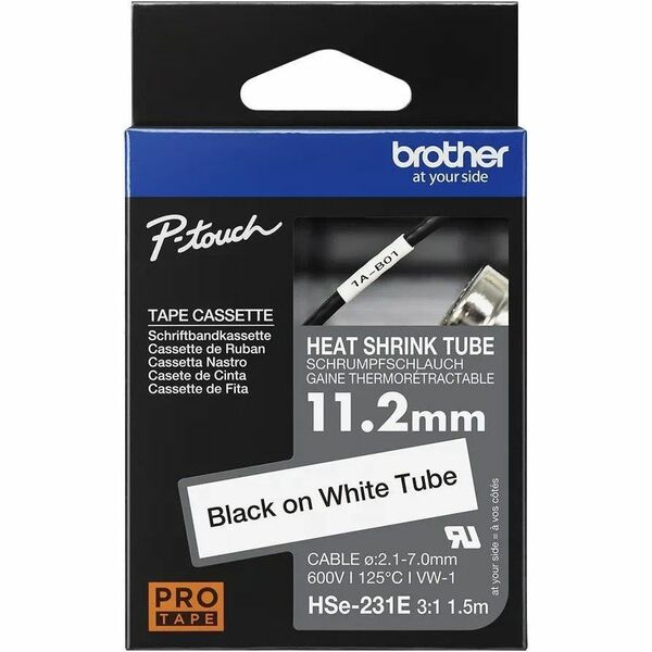 Brother HSe-231E Black on White Heat Shrink Tube Tape, 11.2 mm (0.44 in.) - 7/16" (11.20 mm) Width x 59 1/16" (1500 mm) Length x 9/32" (7 mm) Diameter - Rectangle - Black on White - Heat-shrinkable, Easy to Read, Durable, Non-adhesive - 1 Each