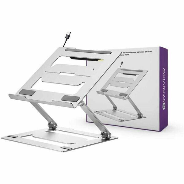 IntekView Steel Laptop Holder - 11" to 17" Screen Support - 11.02 lb Load Capacity - 1.70" Height x 9.40" Width - Portable - Metal, Aluminum, Silicon, Steel - Beige, Black - For Notebook, Tablet, Monitor - Built-in USB Port, Lightweight, Ergonomic, USB Ch