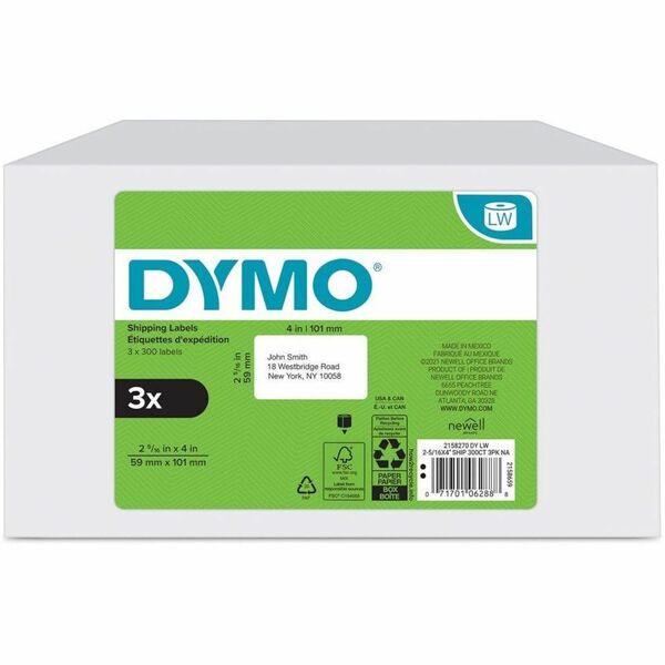 Dymo Shipping Label - 2 5/16" (58.67 mm) Height x 4" (101.60 mm) Width - Roll - Rectangle - Direct Thermal - Black, White - Paper - Water Resistant - Removable, Damage Resistant - 300 / Roll - 900 Total Label(s) - 1 / Each