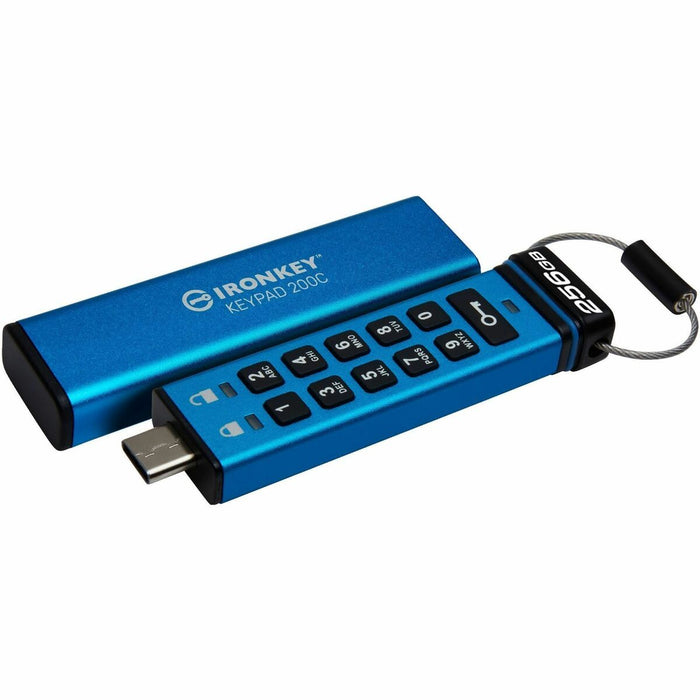 IronKey Keypad 200 256GB USB 3.2 (Gen 1) Type C Flash Drive - 256 GB - USB 3.2 (Gen 1) Type C - 280 MB/s Read Speed - 200 MB/s Write Speed - Blue - 256-bit AES, XTS-AES - 3 Year Warranty - 1 Each