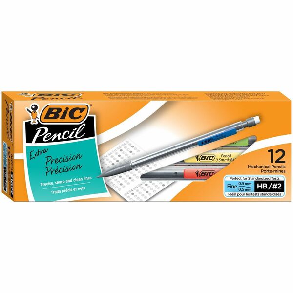 BIC Extra-Precision Mechanical Pencil, HB Lead, Metallic Barrel, Fine Point (0.5 mm), Black, 12-Count - 0.5 mm (0.02") Black Lead - #2 - Refillable - Clear Barrel - 1 Dozen