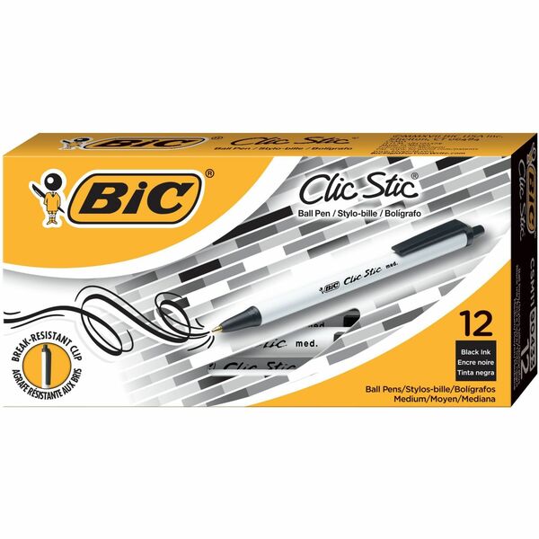 BIC Clic Stic Black Retractable Ballpoint Pens, Medium Point (1.0 mm), 12-Count Pack, Round Barrel Design for Comfortable Writing - 1 mm (0.04") Pen Point - Retractable - Black Ink - 1 Dozen
