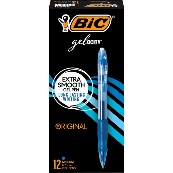 BIC Gel-ocity Original Blue Gel Pens, Medium Point (0.7 mm), 12-Count Pack, Retractable Gel Pens With Comfortable Grip - 0.7 mm (0.03") Medium Pen Point - Retractable - Blue Ink - Gel-based - Translucent Barrel - 12 / Box