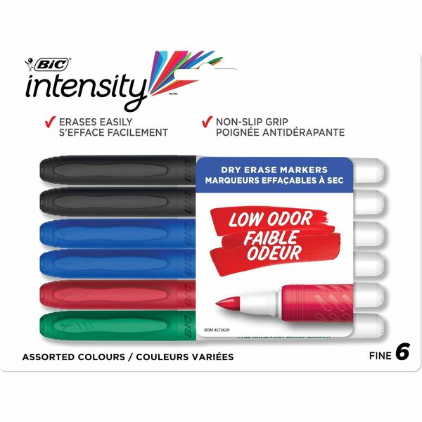 BIC Intensity Low odour Dry Erase Markers, Fine Tip, Assorted Colours, 6-Count Pack of Erasable Markers With Low-odour Ink for a Pleasant Writing Experience - Fine Tip, Fine Marker Point - Black, Blue, Red, Green Ink - 6 / Pack