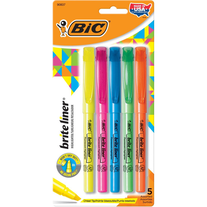 BIC Brite Liner Highlighter, Chisel Tip For Broad Highlighting & Fine Underlining, Assorted Colours, 5-Count - Fluorescent Assorted Ink - 5 / Pack
