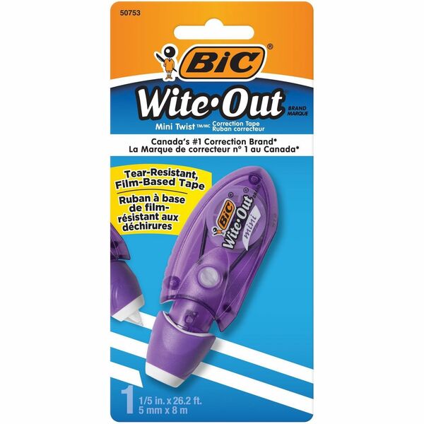 BIC Wite-Out Brand Mini Twist Correction Tape, White, Tear-resistant and Film-Based Tape, 1-Count - 0.20" (5.08 mm) Tape Width x 25.9 ft (7.90 m) Tape Length - White Tape - Mini Translucent Dispenser - Tear Resistant, Film-based, Self-winding, Compact - W
