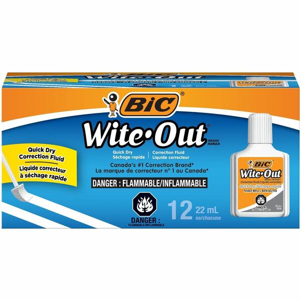 BIC Quick Dry Correction Fluid, White, 12 Box - 20 mL - White - Fast-drying - 12 / Box