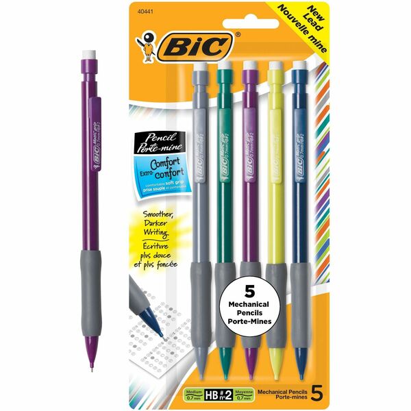 BIC Pencil Extra Comfort Mechanical Pencil, Medium Point (0.7 mm), Black, Soft Grip For Comfort & Added Control, 5-Count - 0.7 mm (0.03") Lead - 5 / Pack