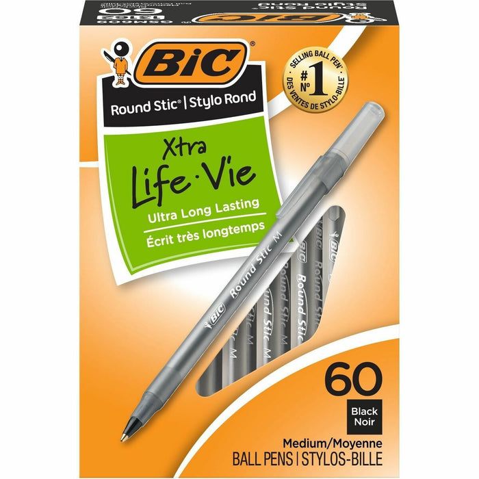 BIC Round Stic Extra Life Black Ballpoint Pens, Medium Point (1.0 mm), 60-Count Pack of Bulk Pens, Flexible Round Barrel for Writing Comfort, No. 1 Selling Ballpoint Pens - Black Ink - Translucent Barrel - 60 / Box
