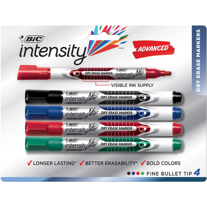 BIC Intensity Advanced Colourful Dry Erase Markers, Bullet Tip, 4-Count Pack of Assorted Colours, Whiteboard Markers for Teachers and Office Supplies - 4.2 mm (0.17") Bullet Tip, Bold Marker Point - Black, Blue, Green, Red Ink - Liquid - 4 / Pack