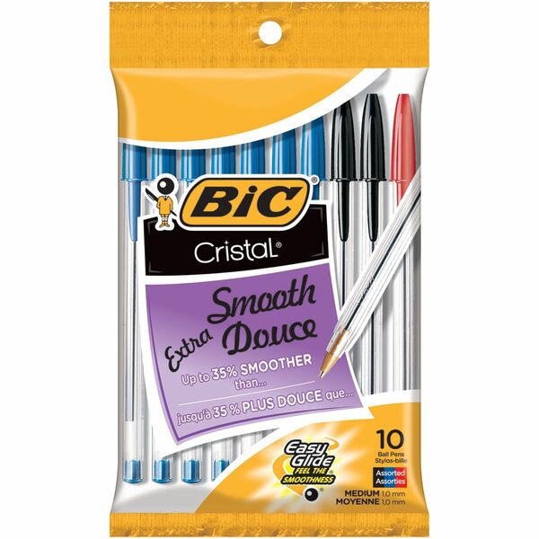 Cristal Orginal Ballpoint Pen, Medium Point (1.0 mm), With Tungsten Carbide Ball For Smooth Flow, Assorted Colours, 10-Count - 1 mm (0.04") Medium Pen Point - Assorted Ink - Clear Barrel - Brass Tip - 10 / Pack