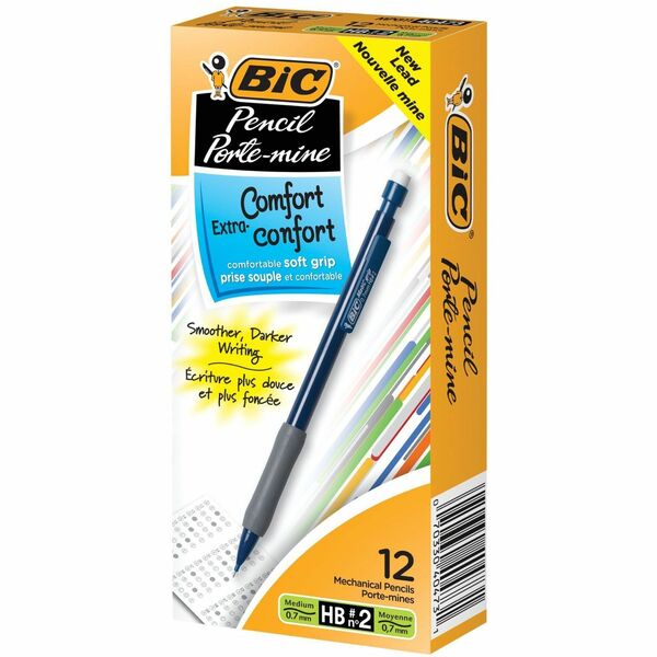 BIC Pencil Extra Comfort Mechanical Pencil, Medium Point (0.7 mm), Black, Soft Grip For Comfort & Added Control, 12-Count - 0.7 mm (0.03") Black Lead - #2 - Medium Point - Assorted Barrel - 1 Dozen