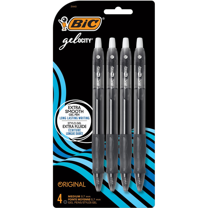 BIC Gel-ocity Original Black Gel Pens, Medium Point (0.7 mm), 4-Count Pack, Retractable Gel Pens With Comfortable Grip - Retractable - Black Ink - Gel-based - Translucent Barrel - 4 / Pack