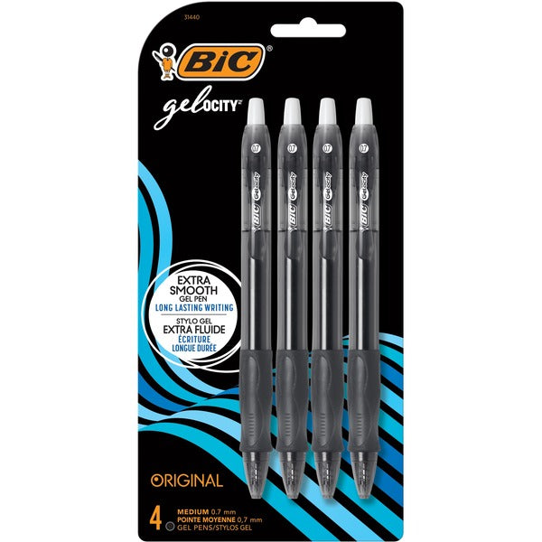 BIC Gel-ocity Original Black Gel Pens, Medium Point (0.7 mm), 4-Count Pack, Retractable Gel Pens With Comfortable Grip - 0.7 mm (0.03") Medium Pen Point - Retractable - Black Ink - Gel-based - Translucent Barrel - 4 / Pack