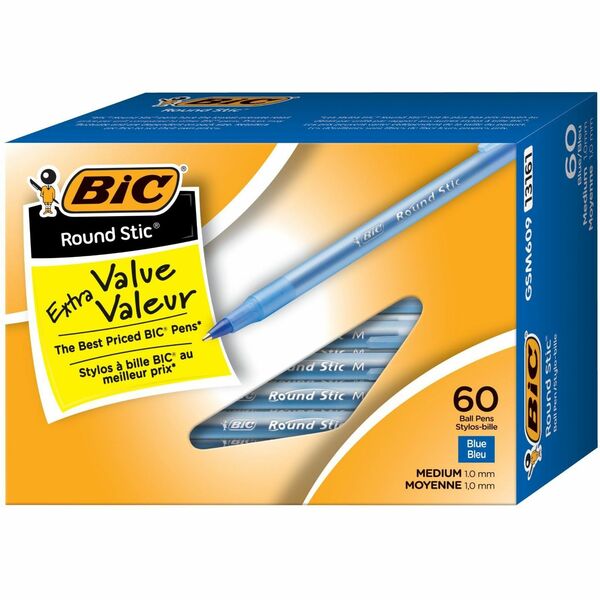 BIC Round Stic Extra Life Blue Ballpoint Pens, Medium Point (1.0 mm), 60-Count Pack of Bulk Pens, Flexible Round Barrel for Writing Comfort, No. 1 Selling Ballpoint Pens - Medium Pen Point - 1 mm Pen Point Size - Blue - Translucent Barrel - 60 / Box