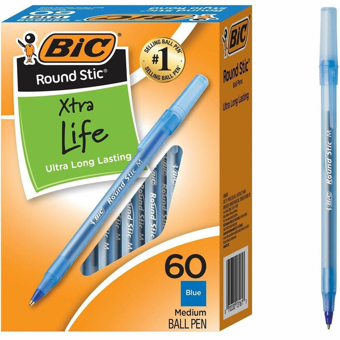 BIC Round Stic Extra Life Blue Ballpoint Pens, Medium Point (1.0 mm), 60-Count Pack of Bulk Pens, Flexible Round Barrel for Writing Comfort, No. 1 Selling Ballpoint Pens - Blue Ink - Translucent Barrel - 60 / Box