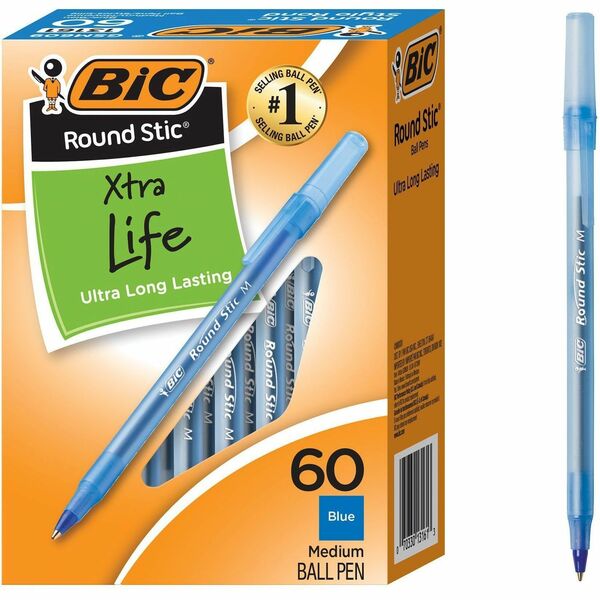 BIC Round Stic Extra Life Blue Ballpoint Pens, Medium Point (1.0 mm), 60-Count Pack of Bulk Pens, Flexible Round Barrel for Writing Comfort, No. 1 Selling Ballpoint Pens - 1 mm (0.04") Medium Pen Point - Blue Ink - Translucent Barrel - 60 / Box