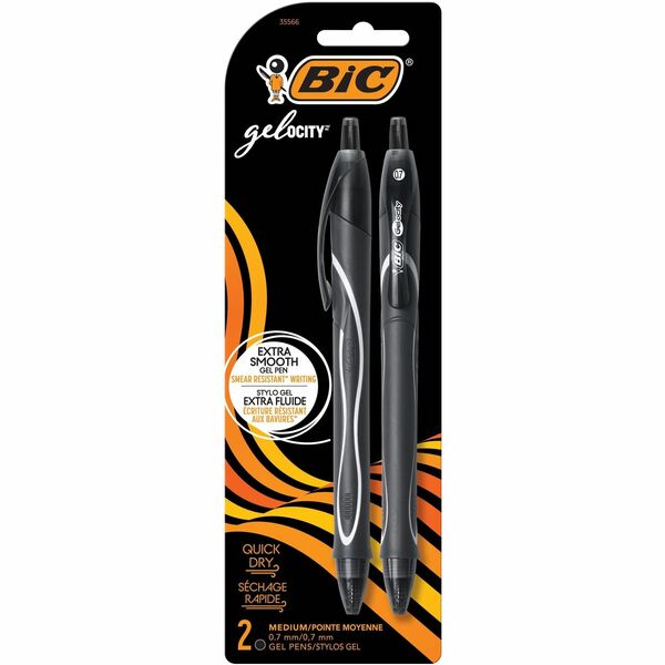 BIC Gel-ocity Quick Dry Black Gel Pens, Medium Point (0.7 mm), 2-Count Pack, Retractable Gel Pens With Comfortable Full Grip - 0.7 mm (0.03") Medium Pen Point - Retractable - Black Ink - Gel-based - 2 / Pack