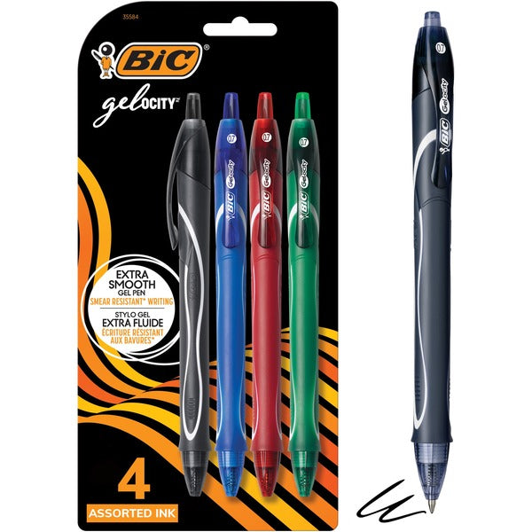 BIC Gel-ocity Original Retractable Gel Pen, Medium Point (0.7 mm), Assorted Colours, Comfortable, Contoured Grip, 4-Count - Medium Pen Point - 0.7 mm Pen Point Size - Retractable - Assorted Gel-based Ink - 4 / Pack
